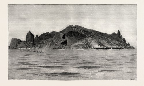 TRINIDAD ISLAND, RECENTLY EXPLORED FOR TREASURE SUPPOSED TO HAVE BEEN HIDDEN BY PIRATES, engraving