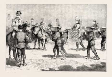 THE DUKE AND DUCHESS OF CONNAUGHT IN JAPAN, STARTING FOR THE CHIUZENJII LAKE, engraving 1890