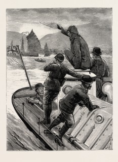 FROM HONG KONG TO MACAO IN A TORPEDO BOAT, THE START BIDDING ADIEU, engraving 1890, engraved image,