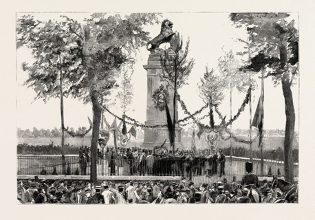 THE ANNIVERSARY OF THE BATTLE OF WATERLOO, THE STATUE AT QUATRE BRAS, BELGIUM, engraving 1890,