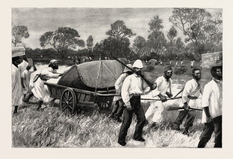 CENTRAL AFRICA,  THE LIFEBOAT ON ITS WAY FROM ZANZIBAR TO UJIJI, engraving 1890, engraved image,