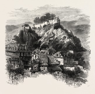 THE CASTLE OF LOURDES, THE PYRENEES, FRANCE, 19th century engraving