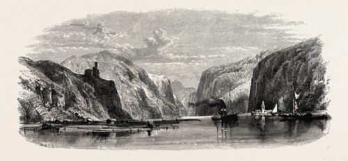 Timber Raft on the Rhine. Germany, 19th century engraving
