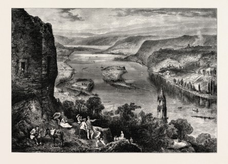 VIEW FROM THE DRACHENFELS, DRAGON'S ROCK, SIEBENGEBIRGE, GERMANY, 19th century engraving
