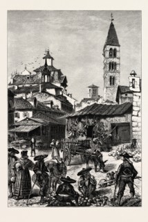 MARKET PLACE, VALLADOLID, Spain, 19th century engraving
