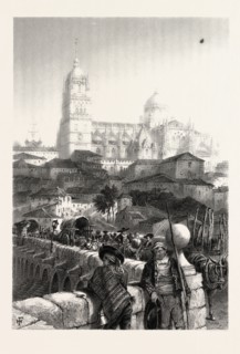 The bridge of Salamanca, Spain, 19th century engraving