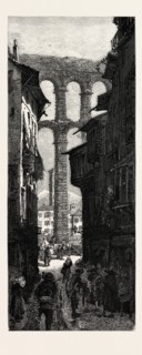 Aqueduct at Segovia, Spain, 19th century engraving