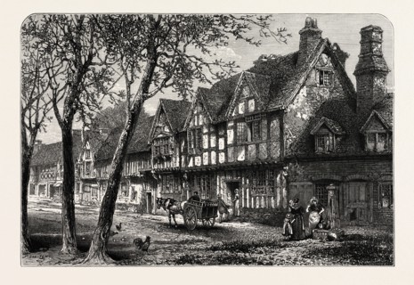 HOUSES, UNDER, THE CASTLE, WARWICK, UK, Great Britain, United Kingdom, 19th century engraving