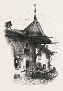 At Davos Dorfli, Switzerland, 19th century engraving