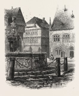 Fountain in Halberstadt, Germany, 19th century engraving