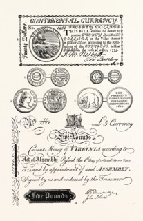 AMERICAN COINS AND PAPER MONEY: 1. American 20 Dollar Bill (1775); 2. Maryland Shilling, 1788 (from