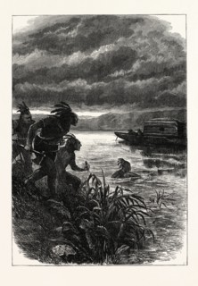 TRADERS ON THE OHIO ATTACKED BY INDIANS, UNITED STATES OF AMERICA, US, USA, 1870s engraving