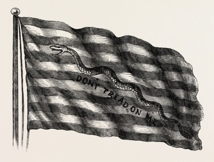 RATTLESNAKE FLAG, STEPS TOWARDS INDEPENDENCE, UNITED STATES OF AMERICA, US, USA, 1870s engraving