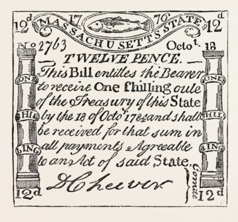 MASSACHUSETTS MONEY, 1776, UNITED STATES OF AMERICA, US, USA, 1870s engraving