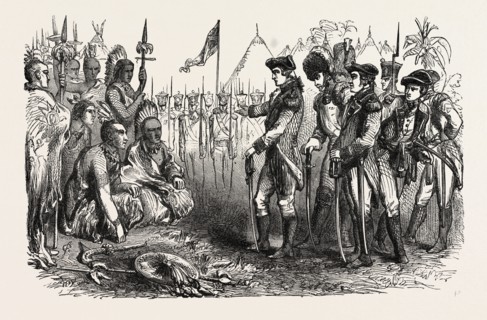 GENERAL BURGOYNE ADDRESSING THE INDIANS, UNITED STATES OF AMERICA, US, USA, 1870s engraving