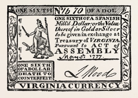 VIRGINIA PAPER MONEY, UNITED STATES OF AMERICA, US, USA, 1870s engraving