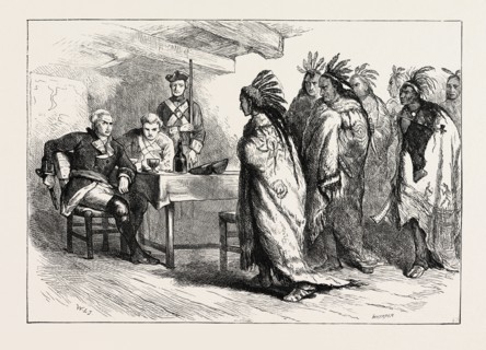VISIT OF PONTIAC AND THE INDIANS TO MAJOR GLADWIN, US, USA, 1870s engraving