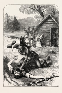 MASSACRE OF SETTLERS BY INDIANS IN NORTH AMERICA, US, USA, 1870s engraving