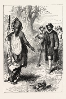 RECEPTION OF A NARRAGANSETT WARRIOR BY JOHN WINTHROP, who was a wealthy English Puritan lawyer and