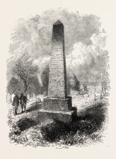 MONUMENT OVER BRADFORD'S GRAVE AT NEW PLYMOUTH, UNITED STATES OF AMERICA, US, USA, 1870s engraving