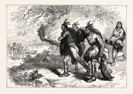 INDIANS BRINGING BEAVER SKINS TO FLEET, US, USA, 1870s engraving