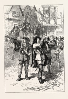 JAMES II. PROCLAIMED AT BOSTON, US, USA, 1870s engraving