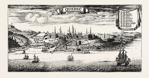 OLD VIEW OF QUEBEC, from Popple' s American Atlas, 1730, CANADA, 1870s engraving