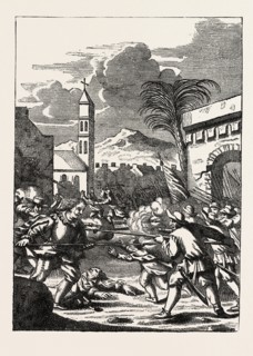 SACK OF PUERTO DEL PRINCIPE. (From the History of the Buccaneers.), 1870s engraving