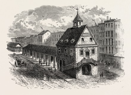 OLD MARKET HOUSE AT PHILADELPHIA, UNITED STATES OF AMERICA, US, USA, 1870s engraving