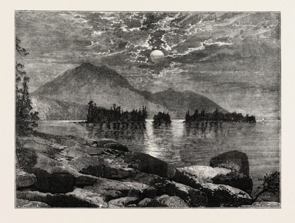 VIEW ON LAKE GEORGE, NORTH AMERICA, US, USA, 1870s engraving