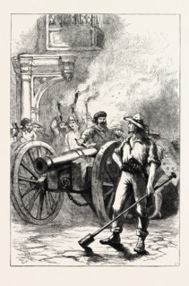THE MOB FIRING CANNON BEFORE THE COURT HOUSE WHERE M'LEOD WAS IMPRISONED, US, USA, 1870s engraving