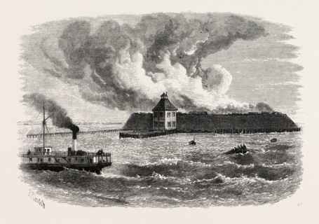 DESTRUCTION OF FORT OCRACOKE, UNITED STATES OF AMERICA, US, USA, 1870s engraving