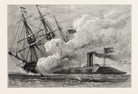 THE MERRIMAC SINKING THE CUMBERLAND, AMERICAN CIVIL WAR, UNITED STATES OF AMERICA, US, USA, 1870s
