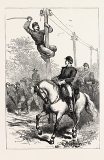 STUART'S CAVALRY CUTTING TELEGRAPH WIRES, AMERICAN CIVIL WAR, UNITED STATES OF AMERICA, US, USA,