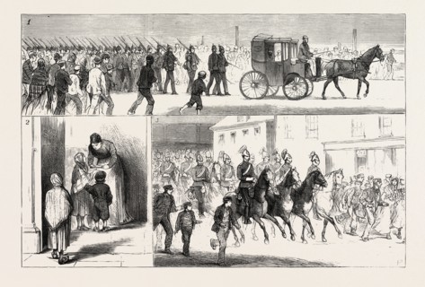 Cotton riots in lancashire, uk, 1. A Detachment of the 15th Foot led by a Magistrate marching to a
