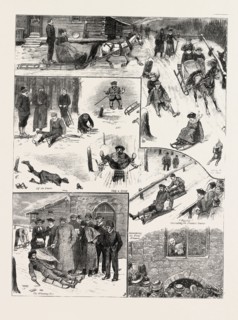 INTERNATIONAL TOBOGGAN RACES IN THE ENGADINE, SWITZERLAND, engraving 1884