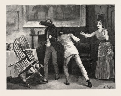 DRAWN BY ARTHUR HOPKINS, SCENE, INTERIOR, engraving 1884, life in Britain, UK, britain, british,
