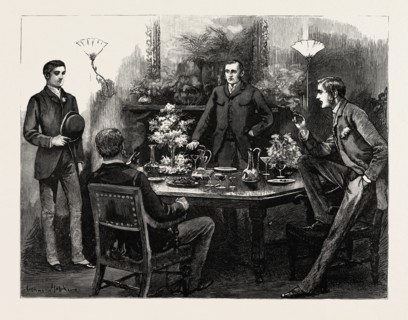 DRAWN BY ARTHUR HOPKINS, INTERIOR, engraving 1884, life in Britain, UK, britain, british, europe,