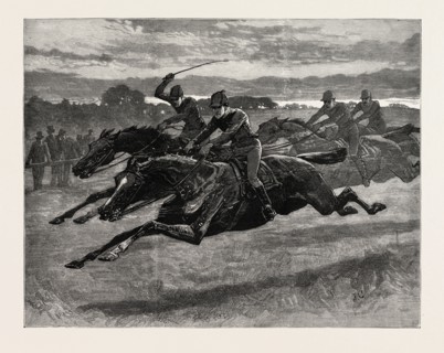 DRAWN  BY JOHN CHARLTON, HORSE RACING, engraving 1884, life in Britain, UK, britain, british,