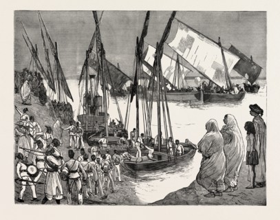 DEPARTURE OF THE MUDIR'S TROOPS FROM DONGOLA FOR AMBUKOL FROM A SKETCH BY MR. F. VILLIERS, OUR