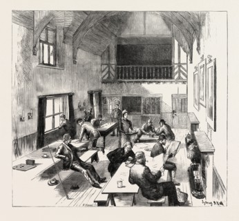 THE SANDRINGHAM CLUB, WEST NEWTON, NORFOLK, INTERIOR, engraving 1884, UK, britain, british, europe,