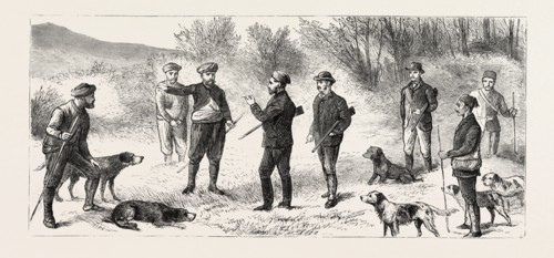 NATIVES DIRECTING THE SHOOTING PARTY WHERE TO FIND BIG GAME, engraving 1884