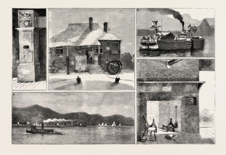 RIVER HUDSON, I. Washington's Headquarters at Newburg. 2. Washington's Clock. 3. Kitchen in