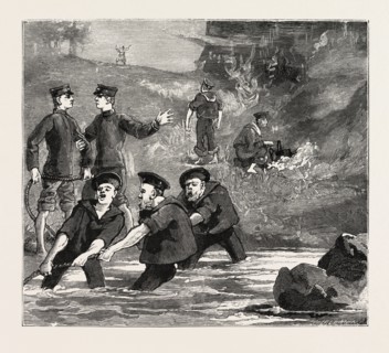 WE GO SEINING AND MAKE A BONFIRE IN THE WOODS, engraving 1884