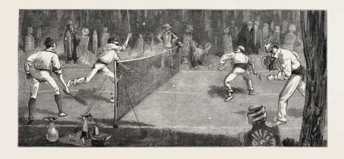 WE FIND A JOLLY PLACE IN THE CEMETERY FUR LAWN-TENNIS, engraving 1884