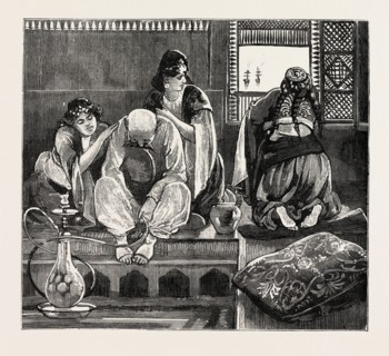 FATIMA AT THE LATTICE AFFECTING CHEERINESS MY LORD, THE GIAOURS ARE GOING, engraving 1884