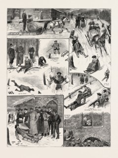 INTERNATIONAL TOBOGGAN RACES IN THE ENGADINE, SWITZERLAND, engraving 1884