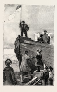 CHRISTENING THE ARK, engraving 1884, GRANTON QUARRY, NEAR EDINBURGH, UK, britain, british, europe,