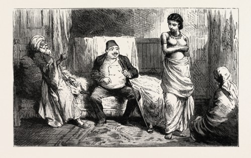 WHERE SIZE BECAME THE PROPERTY OF A TURKISH BEY, engraving 1884, SLAVE TRADE, SLAVE, SLAVERY,