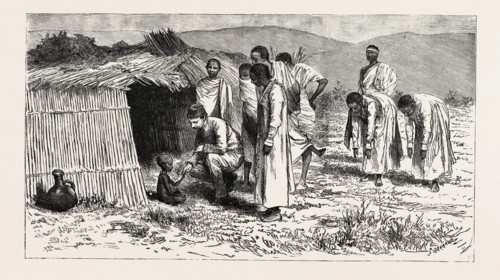 WITH ADMIRAL HEWETT'S MISSION TO ABYSSINIA DR GIMLETTE AND HIS LITTLE PATIENT AT ADOWA, engraving